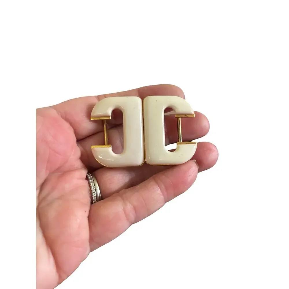 Chunky Ivory Enamel Belt Buckle Gold Mod 70s 80s Statement Geometric